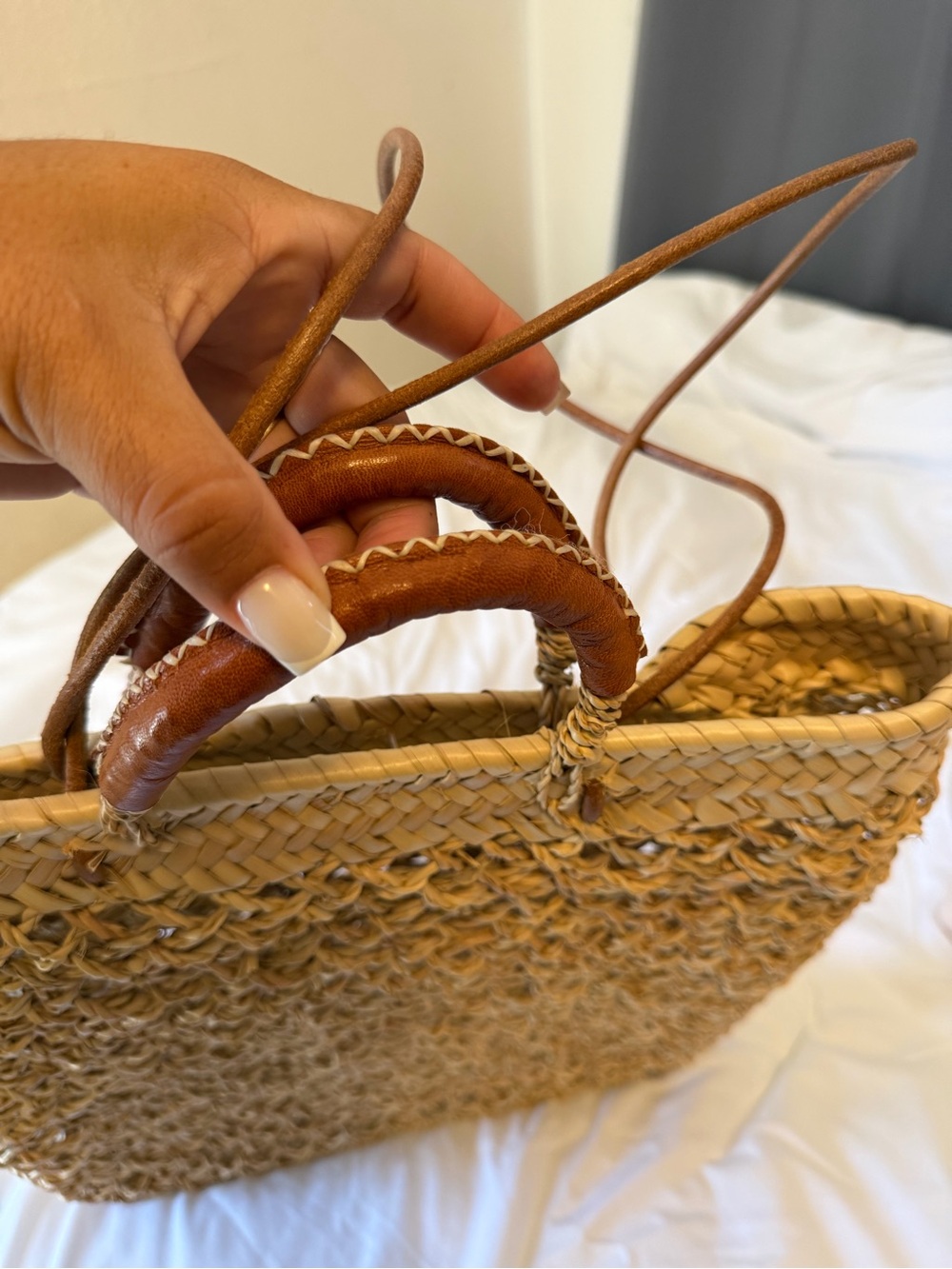 Woven Straw Tote with Brown Leather-Wrapped Handles - Picture 5 of 12